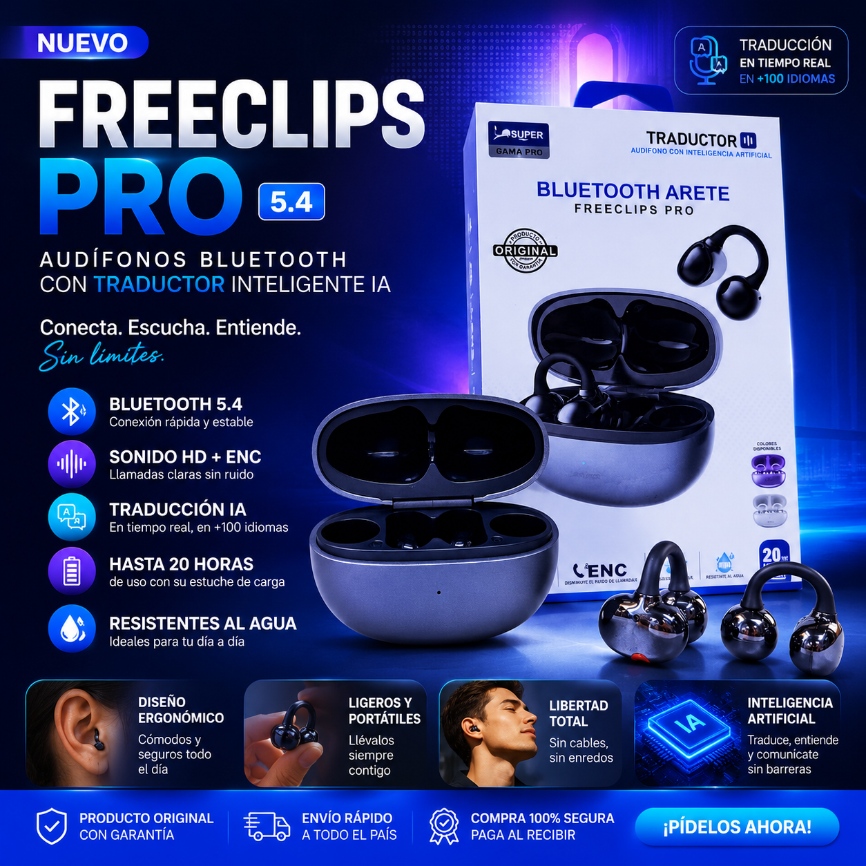 Audífonos FreeClips Pro – Sonido HD y Traductor Inteligente